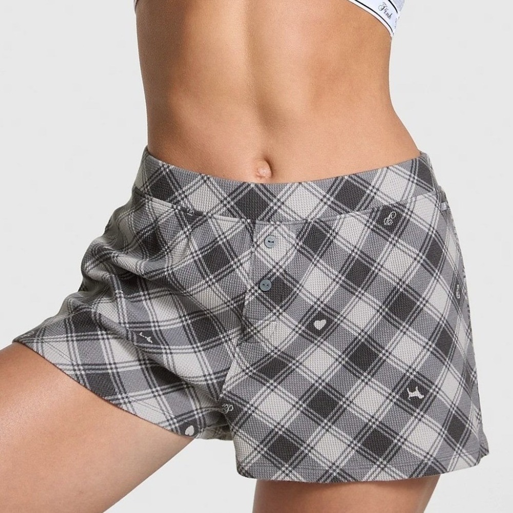 Victoria's Secret PINK Gray Plaid‎ Thermal Henley Pajama Shorts Size S